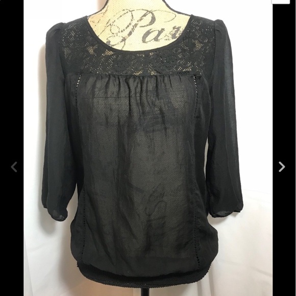 Express Black Lace Sheer Peasant Blouse Shirred S - Picture 1 of 6